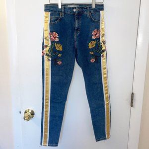 TOPSHOP Jamie Moto Ankle Skinny Jeans Stretch Denim - Striped Floral Embroidery